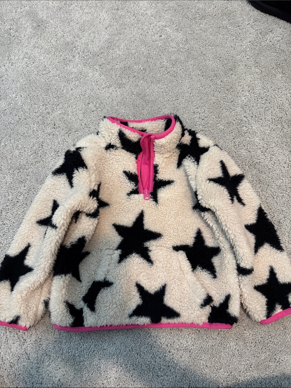 The Children's Place Cream Sherpa Pullover with Black Stars and Pink Trim